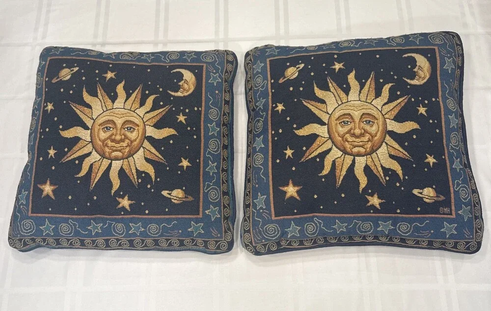 Pair Vyg 90s Celestial Whimsigoth Sun Moon Blue Yellow Tapestry Throw Pillows